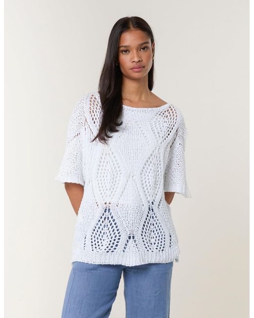 Blue Vanilla White Cotton Crochet Knit Jumper