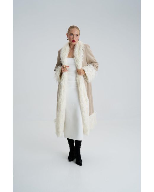 Lora Istanbul White Lora Faux Fur Suede Long Coat