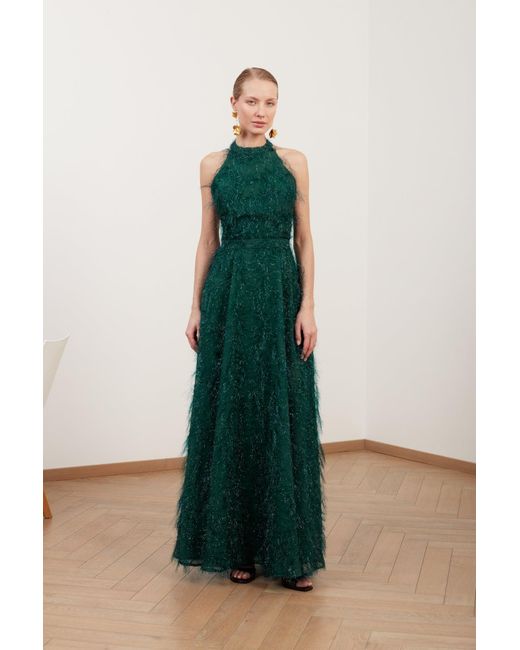 Undress Green Maissa Feather Long Evening Gown With Open Back