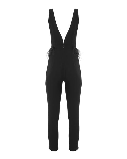 Lita Couture Black Feather-Trimmed V-Neck Jumpsuit