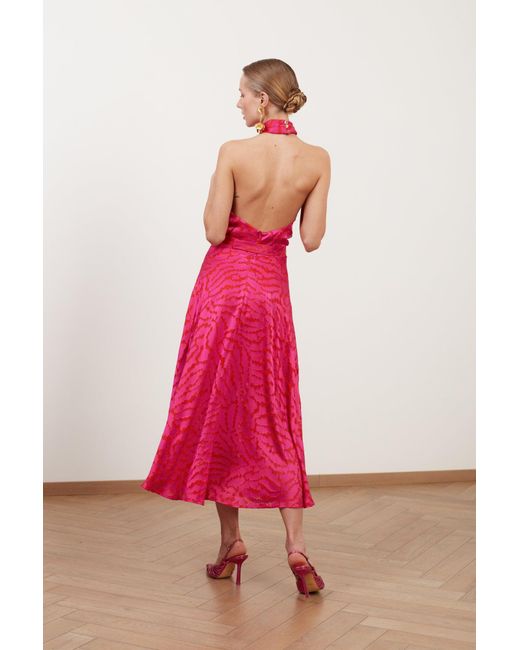 Undress Red Heidi Fuchsia Print Halter Neck Midi Dress