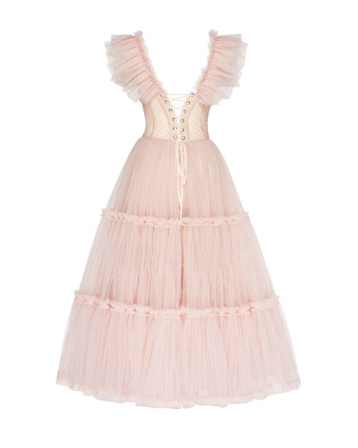 Millà Pink Misty Rose Ruffled Tulle Midi Dress