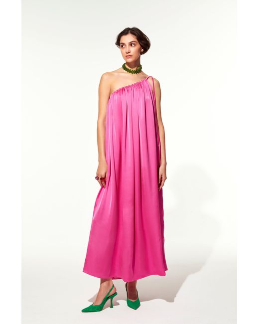 NAZLI CEREN Pink Chrissy One Shoulder Satin Maxi Dress
