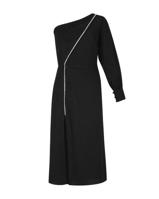 F.ILKK Black One Shoulder Rhinestone Dress
