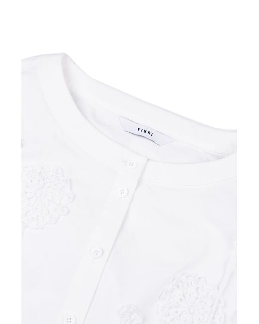 YIBRI White Cropped Blouse With Crochet Flower And Smocked Bell Sleeves