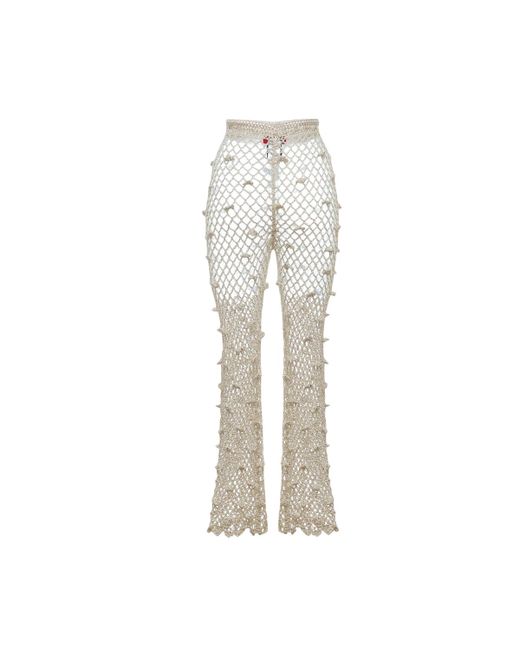 Andreeva White Metallic Handmade Crochet Pants