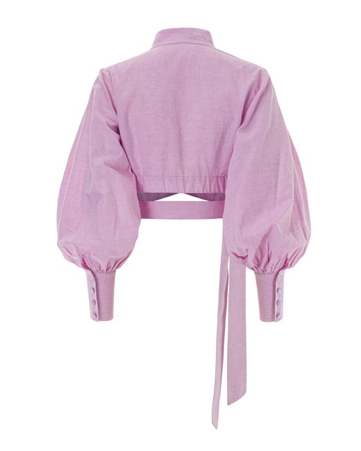 Lita Couture Purple Puffed Sleeve Cropped Linen Blouse