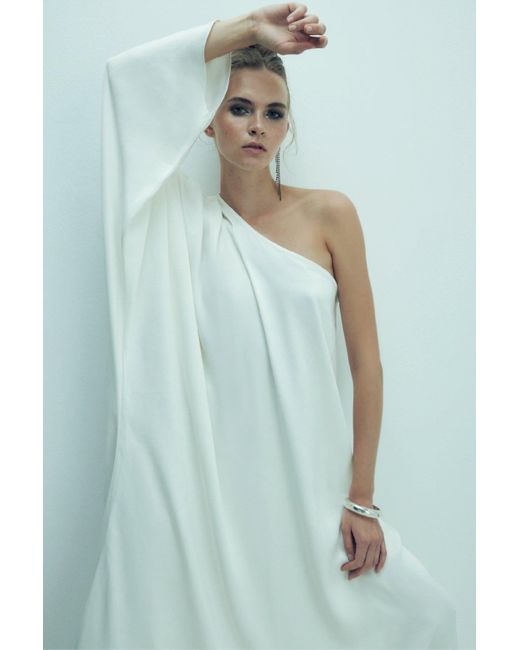 NAZLI CEREN White Venus One-Shoulder Satin Maxi Dress