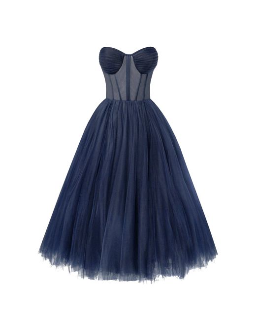 Millà Blue Strapless Puffy Midi Tulle Dress