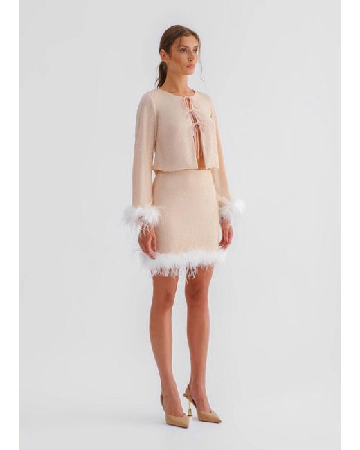 F.ILKK Natural Nude Sequined Top With Feather Cuff