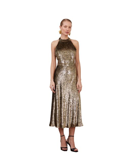 Undress Natural Farah Golden Velvet Silk Midi Dress With Open Back