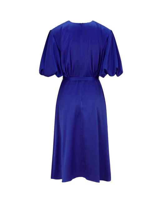 Femponiq Blue Draped Puff Sleeve Satin Dress (Royal)