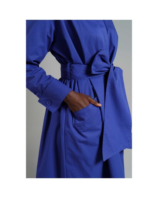 Femponiq Blue Cotton Belted Gathered Maxi Shirt Dress (Vivid)