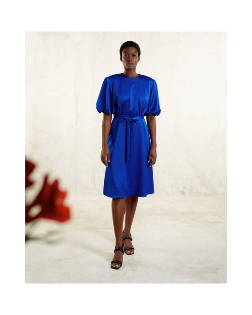 Femponiq Blue Draped Puff Sleeve Satin Dress (Royal)