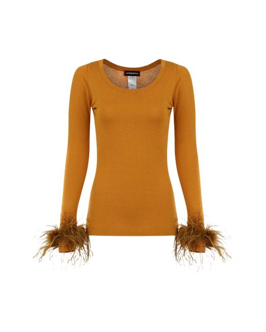 Andreeva Orange Camel Knit Top With Detachable Feather Cuffs