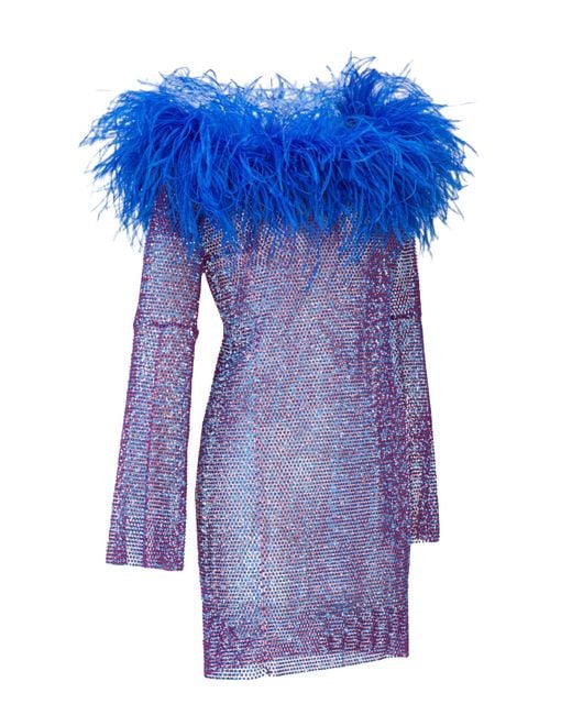 Santa Brands Blue Sparkle Fuchsia/ Stones Mini Feathers Dress With Open Shoulders