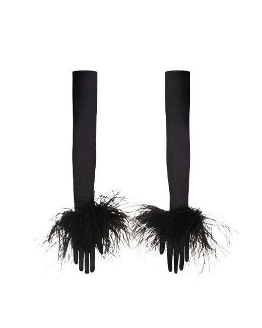Nue Black "Drama" Silk Gloves With Feathers