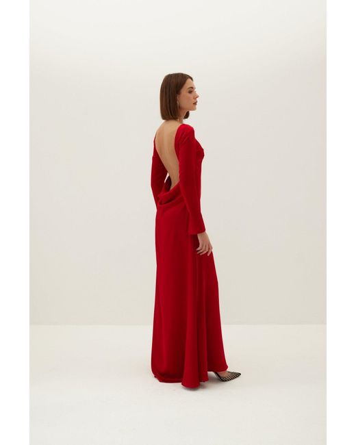 HERVANR Red Dahlia Backless Satin Maxi Dress