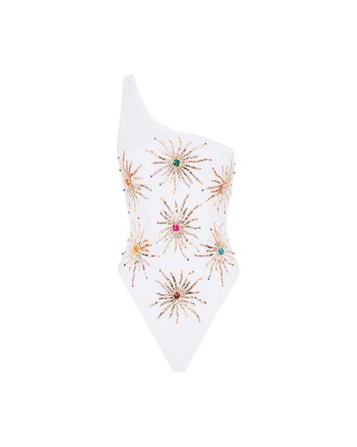 Oceanus White Callie One Shoulder Hand Embroidered Suit