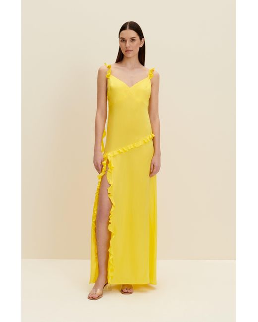 JAAF Yellow Ruffled Silk Maxi Dress