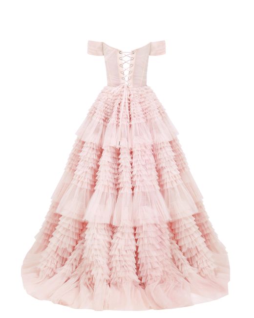 Millà Pink Misty Rose Off-The-Shoulder Frill-Layered Gown