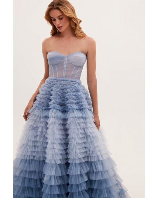 Millà Blue Light Strapless Frill-Layered Fluffy Dress