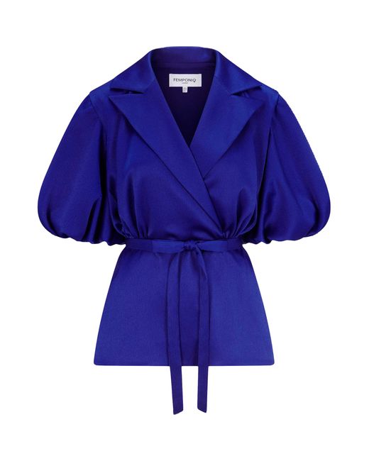Femponiq Blue Draped Sleeve Satin Blouse (Royal)