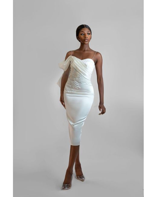 ANITABEL White Draped Midi Registry Dress With Waist Beading