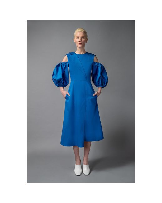 Femponiq Blue Asymmetric Lapel A-Line Cotton Dress (Sapphire)