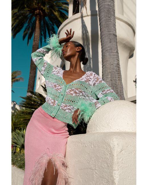 Andreeva Green Mint Handmade Knit Sweater With Detachable Feather Details On The Cuffs And Pearl Buttons