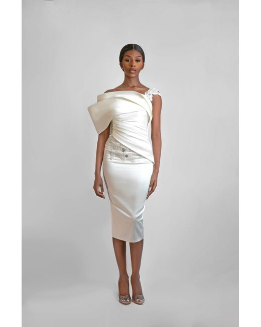 ANITABEL White Midi Structured Registry Dress With Pleated And Beaded Waist Detail