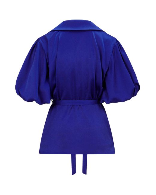 Femponiq Blue Draped Sleeve Satin Blouse (Royal)