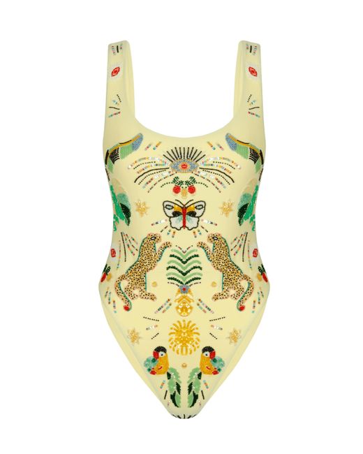 Oceanus Yellow Willow Embroidered Swimsuit