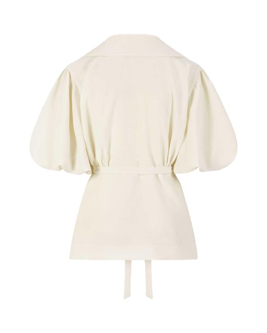 Femponiq Natural Draped Puff Sleeve Tailored Blouse (Ivory)