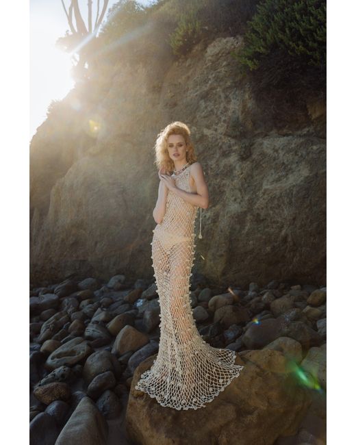 Andreeva White Malva Metallic Handmade Crochet Maxi Dress