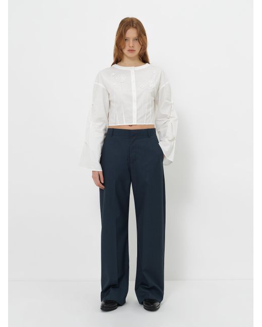 YIBRI White Cropped Blouse With Crochet Flower And Smocked Bell Sleeves