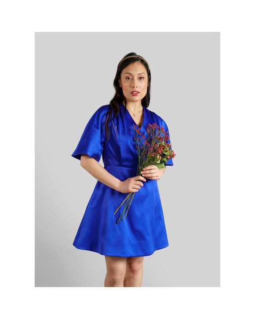 Femponiq Blue Pleated Shoulder Kimono Sleeve Satin Duchess Dress (Royal)