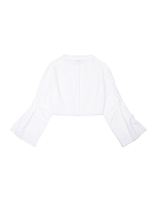 YIBRI White Cropped Blouse With Crochet Flower And Smocked Bell Sleeves