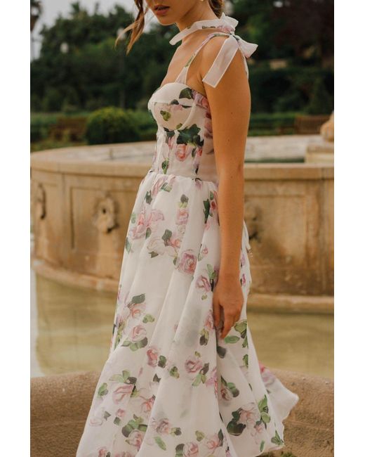 Millà White Tender Floral Midi Tie-Strap Dress