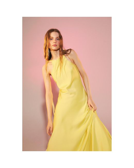 NAZLI CEREN Yellow Addie Satin Long Dress