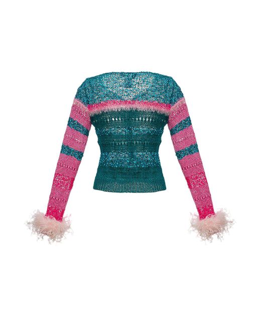 Andreeva Multicolor California Sundown Handmade Knit Sweater With Feathers
