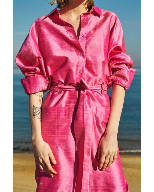 NAZLI CEREN Pink Cassin Pure Silk Shantung Shirt-Dress