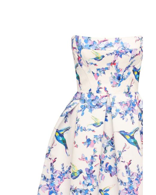 Millà White Strapless Midi Dress With Bird And Flower Print, Garden Of Eden