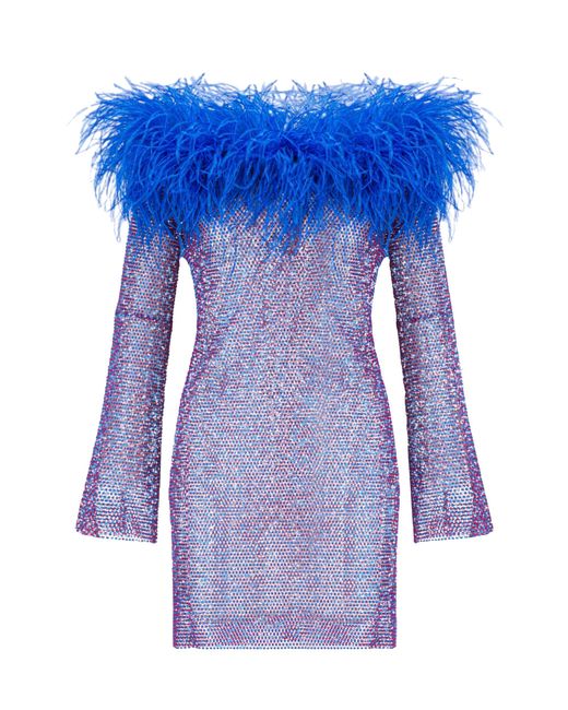 Santa Brands Blue Sparkle Fuchsia/ Stones Mini Feathers Dress With Open Shoulders