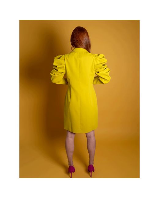 Femponiq Yellow Draped Sleeved Tailored Blazer Dress (Lime)