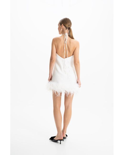 Lora Istanbul White Keira Halter Mini Feather Dress