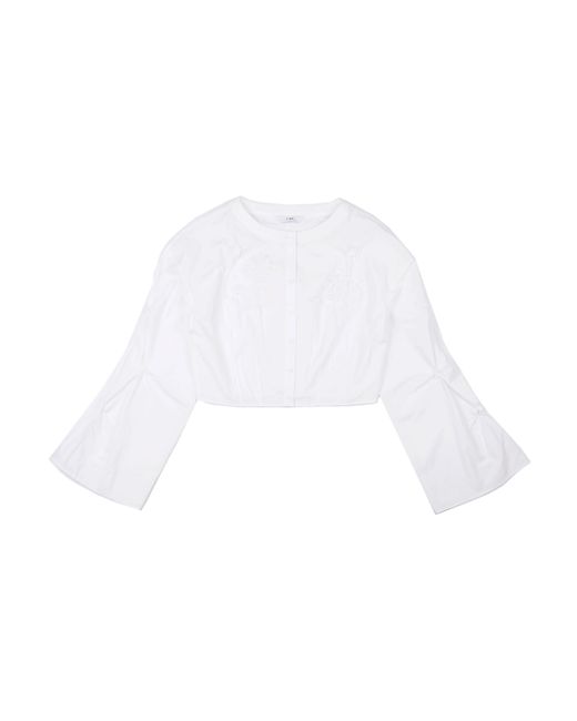 YIBRI White Cropped Blouse With Crochet Flower And Smocked Bell Sleeves