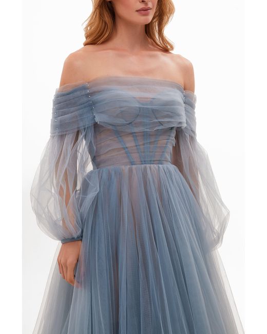 Millà Blue Ocean Wave Sheer Sleeves Maxi Tulle Dress