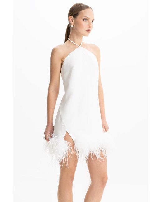 Lora Istanbul White Keira Halter Mini Feather Dress