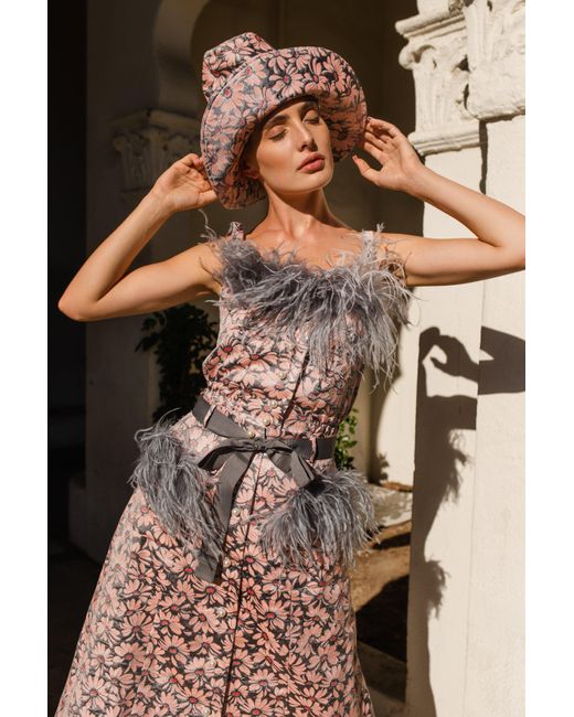 Andreeva Pink Flower Top With Feather Details And Pearl Buttons